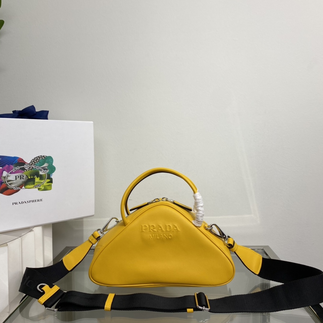 Prada Triangle Leather Shoulder Bag Tote Yellow 1BB082